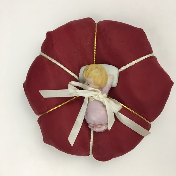 Vintage Pin Cushion with Bisque Sleeping Baby - Picture 1 of 6